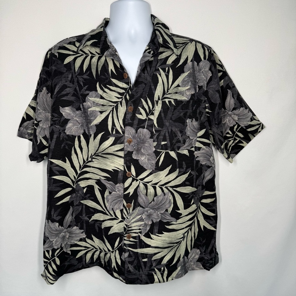 Caribbean Joe Men’s 100% Silk Hawaiian Shirt Black/Grey Tropical Floral - L